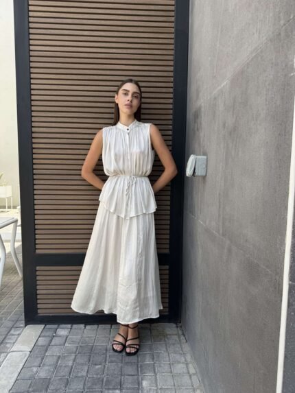 Cream Silk Set Sleeveless Top and Flowing Maxi Skirt
